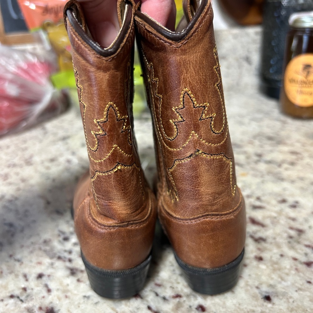 Old West Tan Leather Cowboy Boots with Brown Accents Toddler 5 - Picture 6 of 7